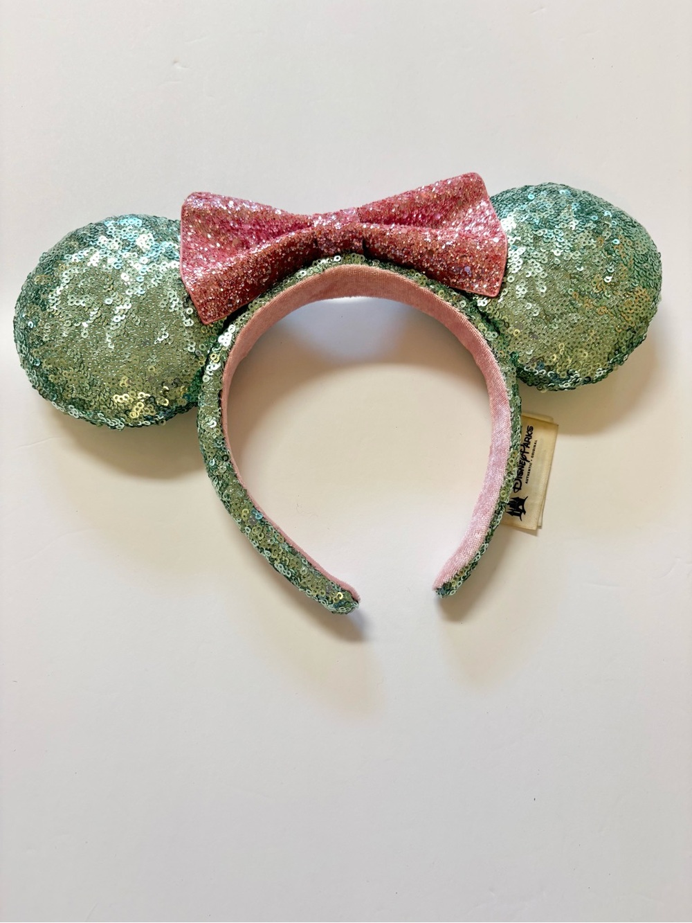 Disney Sequined Minnie-Style Headband Ears with Pink Bow - Green